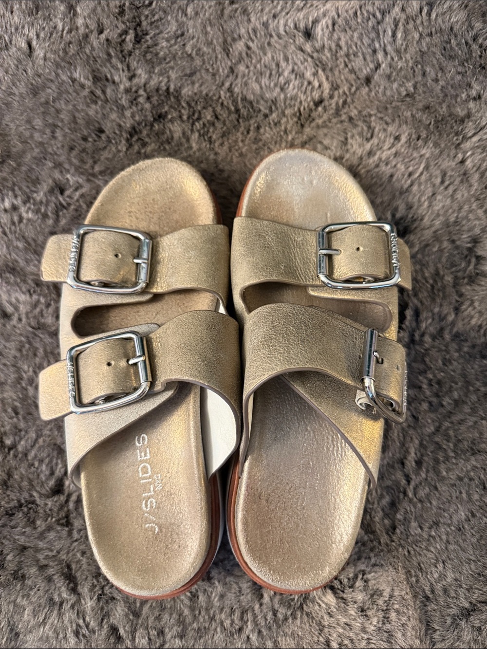 Metallic Gold Double Buckle Slide Sandals